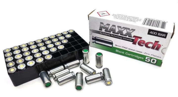 Патроны холостые MaxxTech 9мм пистолетный Zinc plated (50шт) - изображение 1