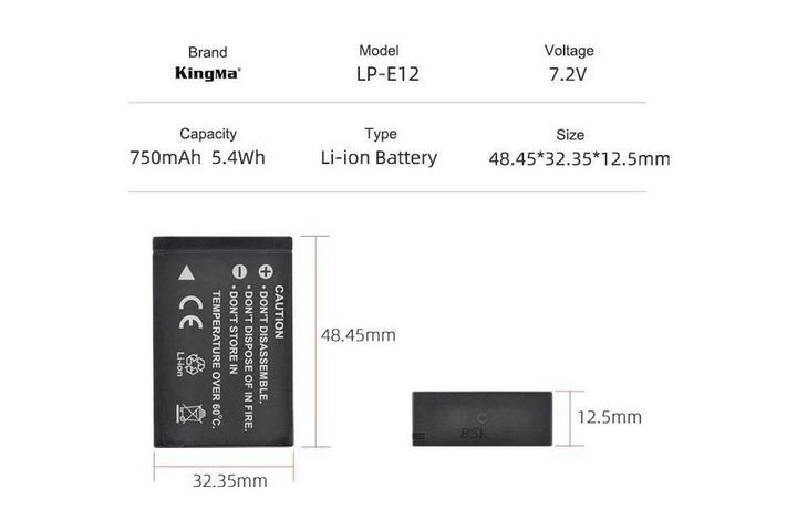 Аккумулятор Kingma Canon LP-E12 (750 mAh) для EOS 100D EOS M10 EOS M50 EOS M EOS M2 (Premium Quality) - изображение 3