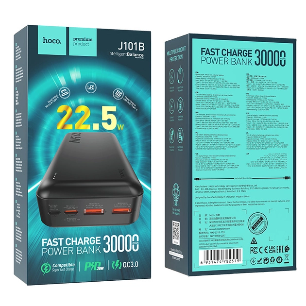 Power bank Hoco J101B PD20W+QC3.0 (22.5W) 30000 mAh портативная батарея повербанк 2xUSB Black - Фото 4 Power bank Hoco J101B PD20W+QC3.0 (22.5W) 30000 mAh портативная батарея повербанк 2xUSB Black - изображение 4