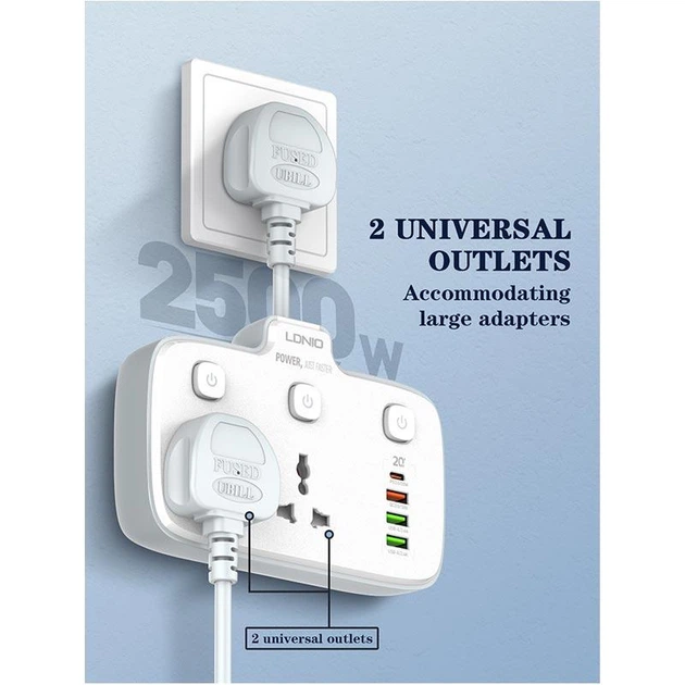 Подовжувач мережний Ldnio SC2413, 3USB, Type-C, 3 розетки, QC, білий - зображення 9