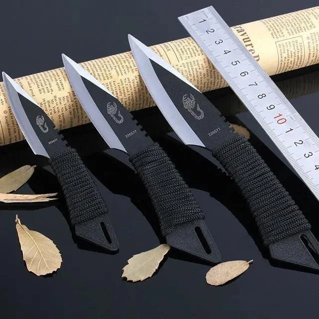 Метальні ножі в чорному кольорі з чорним палітуркою ручки, оригінальний дизайн, набір з 3 штук - зображення 1
