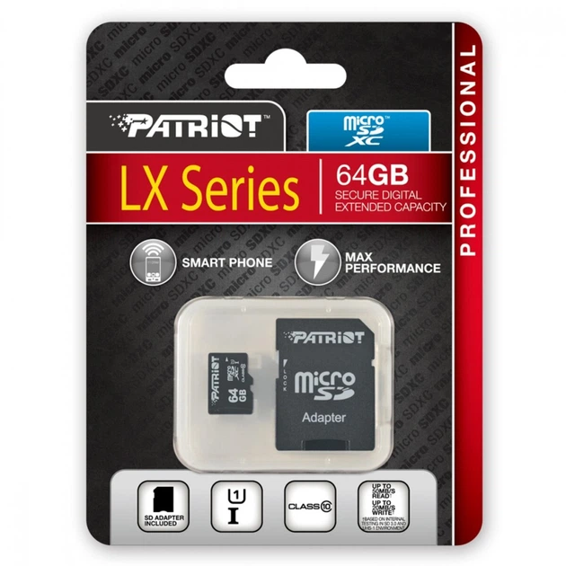Карта пам'яті PATRIOT microSDHC LX SERIES 64GB CLASS 10 ADAPTER SD з адаптером (PSF64GMCSDXC10) - Фото 1 Карта пам'яті PATRIOT microSDHC LX SERIES 64GB CLASS 10 ADAPTER SD з адаптером (PSF64GMCSDXC10) - зображення 1