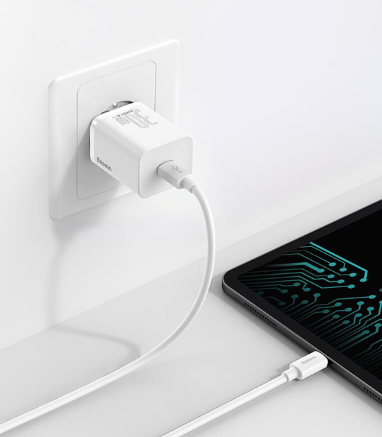 Адаптер сетевой BASEUS Super Si quick charger IC 1Type-C 3A/30W PD/QC CCSUP-J01 белый - Фото 3 Адаптер сетевой BASEUS Super Si quick charger IC 1Type-C 3A/30W PD/QC CCSUP-J01 белый - изображение 3