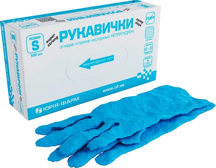 Перчатки смотровые нитриловые Юрія-фарм нестерильные неприпудренные Размер S 100 шт Синие (4823089500188) - изображение 1