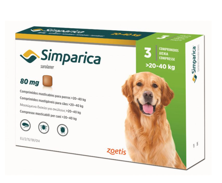 Симпарика (Simparica) для собак весом 20-40кг, 3 табл по 80 мг от блох и клещей (цена за упаковку) - Фото 1 Симпарика (Simparica) для собак весом 20-40кг, 3 табл по 80 мг от блох и клещей (цена за упаковку) - изображение 1