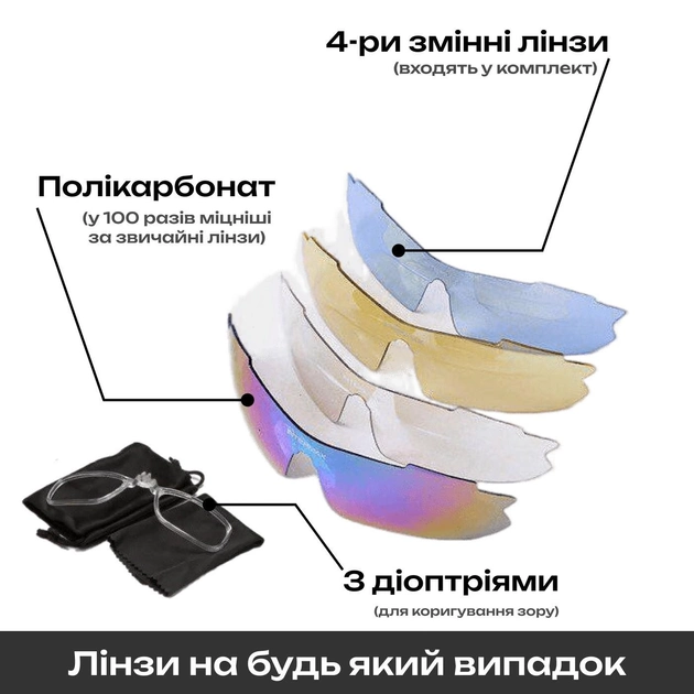 Защитные тактические очки Extend, антибликовые и противотуманные с диоптриями + 4 комплекта линз - изображение 2