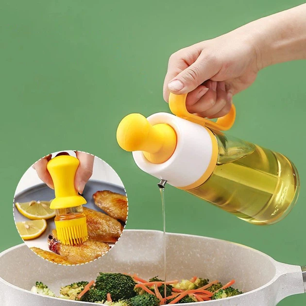 Ємність для олії 2в1 із силіконовим пензликом Flora Oil Dispenser Bottle скляна пляшка диспенсер із ручкою 550мл Yellow - зображення 6