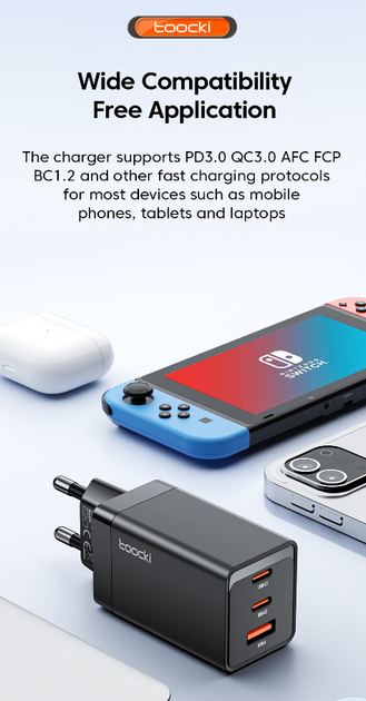 Мережевий зарядний пристрій Toocki GaN 67W 1USB + 2Type-C Black - зображення 9