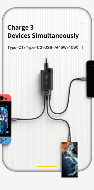 Зарядний пристрій Essager 65W GaN 2 USB-С & 1 USB-A QC3.0 PD3.0 Fast Charge - Фото 4 Зарядний пристрій Essager 65W GaN 2 USB-С & 1 USB-A QC3.0 PD3.0 Fast Charge - зображення 4