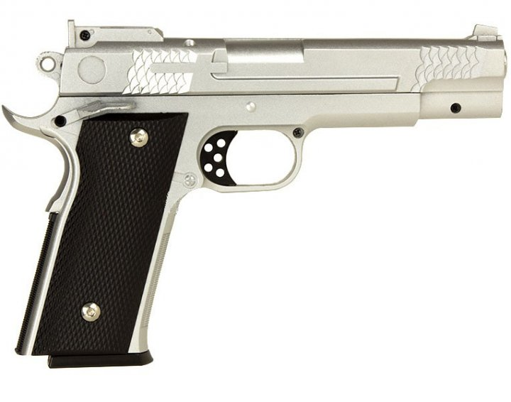 Пистолет металлический 1713 серебряный игровой стреляет пульками 6 мм - изображение 1