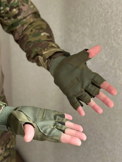 Тактические армейские перчатки без пальцев беспалые олива М - изображение 2