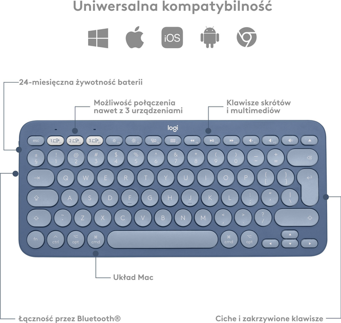 Klawiatura bezprzewodowa Logitech K380 for Mac Multi-Device Bluetooth Keyboard Blueberry (920-011180) - obraz 6