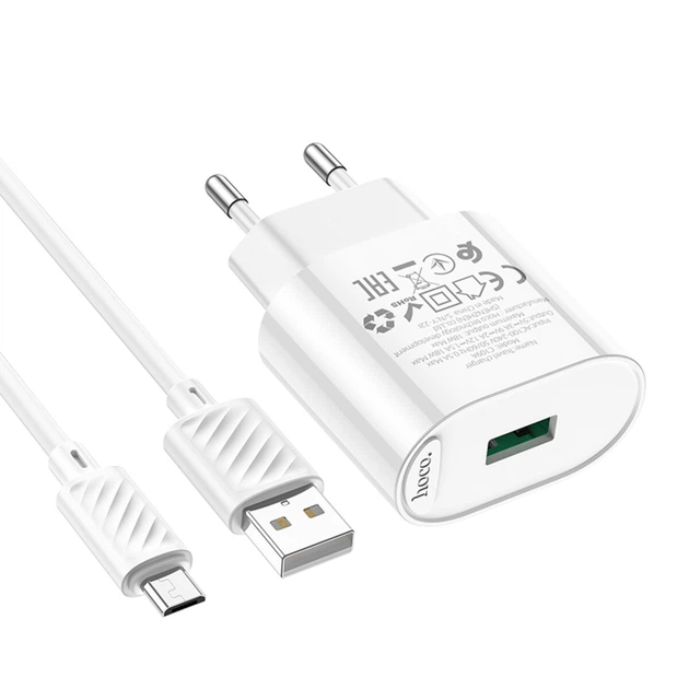 СЗУ HOCO C109A Fighter 1USB/18W/QC3.0/Micro Cable White - Фото 1 СЗУ HOCO C109A Fighter 1USB/18W/QC3.0/Micro Cable White - зображення 1