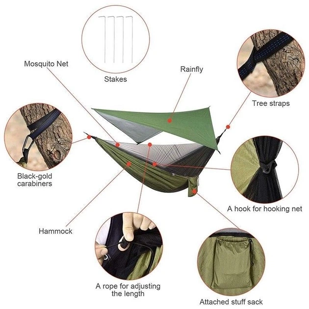 Туристичний підвісний гамак з москітною сіткою 270×150см UKC Hammock Net камуфляж - зображення 5