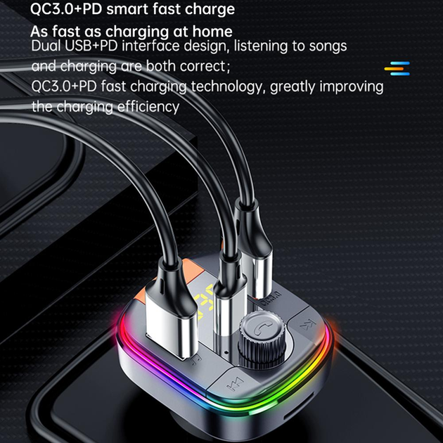 Автомобильный FM ФМ модулятор Terra T832, Bluetooth 5.0, трансмиттер, вольтметр, USB зарядка QC 3.0 PD 18W - изображение 6