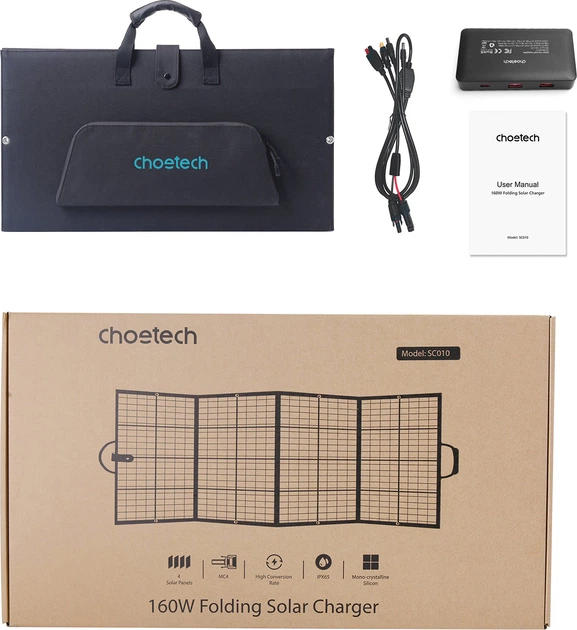Przenośny panel słoneczny do UMB CHOETECH 160W (196x54 cm) 1x100W. 1xUSB QC3.0 18W. 1xUSB-C PD3.0 45W. 1xUSBA 12W (SC010-BK) - obraz 4