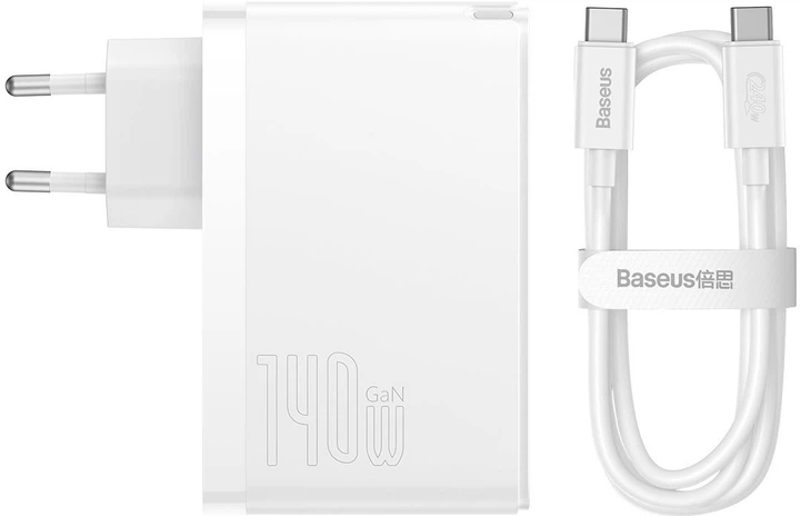 Ładowarka sieciowa Baseus GaN5 Pro 140W (2 x Type-C + USB) + Kabel Type-C + Type-C) Biała (CCGP100202) - obraz 9