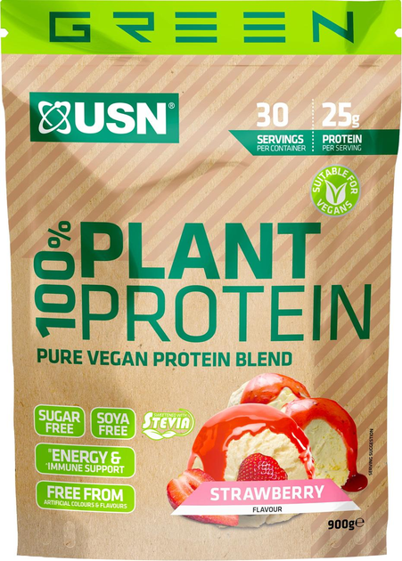Białko wegańskie USN Plant Protein 100% 900 g Truskawka (6009544920533) - obraz 1