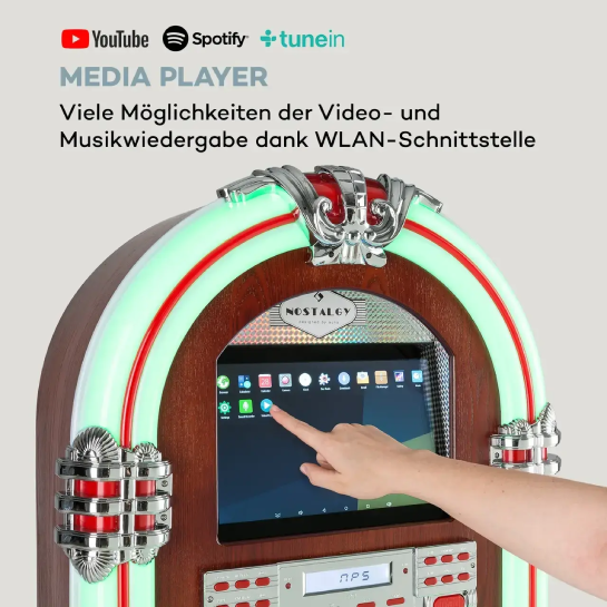 Музичний автомат ретро стиль караоке сенсорний екран Graceland Touch Jukebox 12-дюймів Auna Android 6.0.1 WLAN з Німеччини - Фото 3 Музичний автомат ретро стиль караоке сенсорний екран Graceland Touch Jukebox 12-дюймів Auna Android 6.0.1 WLAN з Німеччини - зображення 3