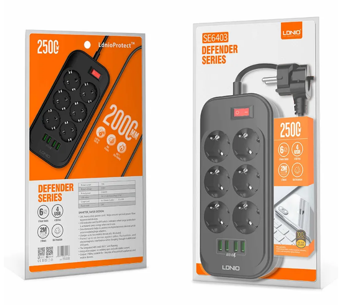 Сетевой фильтр (удлинитель) LDNIO SC6403, 6 розеток EU, 4 USB 3.4A - Фото 2 Сетевой фильтр (удлинитель) LDNIO SC6403, 6 розеток EU, 4 USB 3.4A - изображение 2