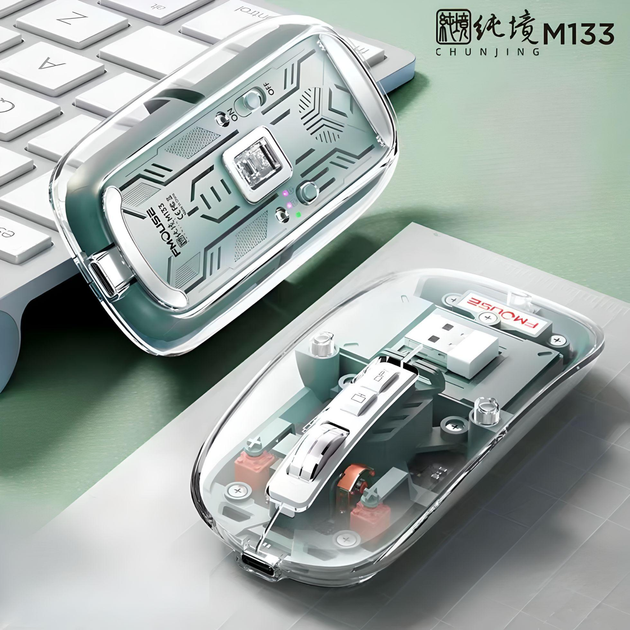 Мышь беспроводная прозрачная FMOUSE M133 с подсветкой, магнитная крышка, с аккумулятором (green) - Фото 1 Мышь беспроводная прозрачная FMOUSE M133 с подсветкой, магнитная крышка, с аккумулятором (green) - изображение 1