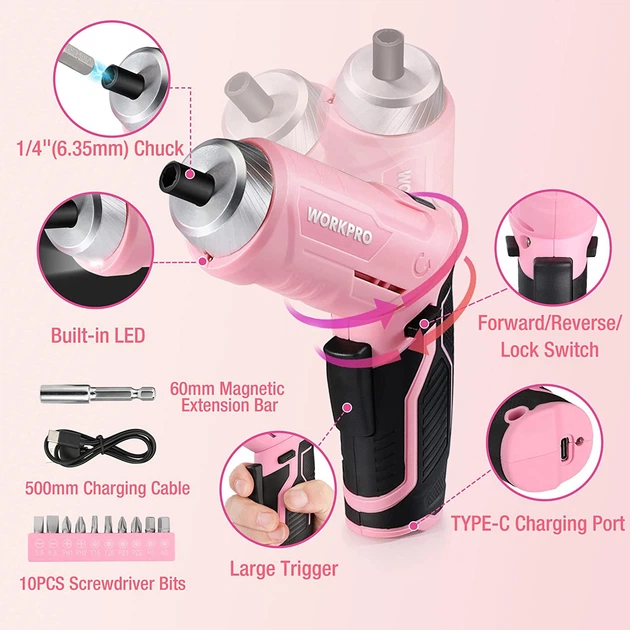 Набор инструментов WORKPRO Pink 18 с аккумуляторной отверткой 3,7