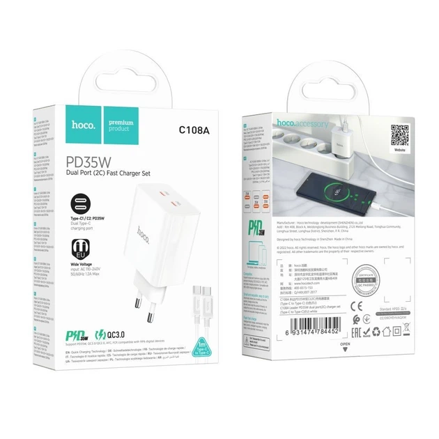 Сетевое зарядное устройство Hoco C108A + кабель Type-C на Type-C (2Type-C, PD35W/QC, 3A, с быстрой зарядкой) - Белый - изображение 3