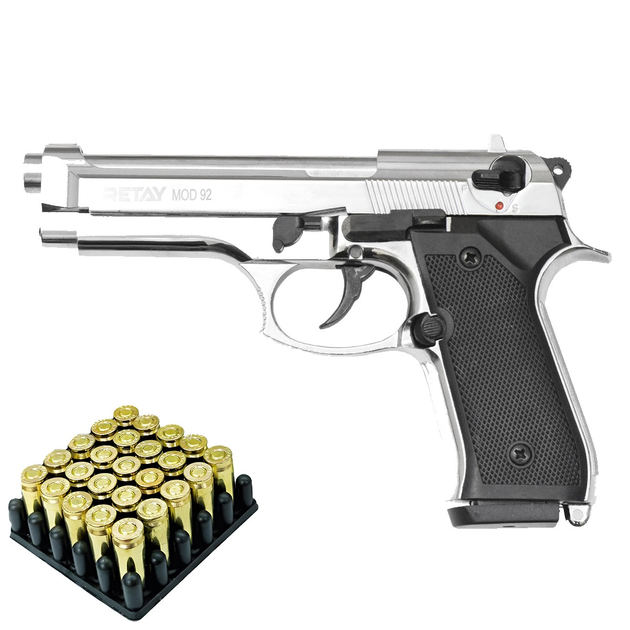 Стартовый пистолет RETAY MOD. 92 Nickel (Beretta 92) + Патроны 25шт. - изображение 1