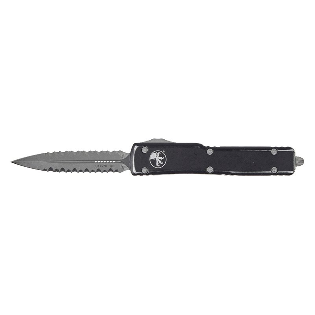 Нож Microtech UTX-70 Double Edge Apocalyptic DFS Serrator Distressed Black (147-D12DBK) - изображение 1