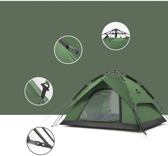 Палатка четырехместная автоматическая Naturehike NH21ZP008 трехсезонная, с фибергласовым каркасом, защитой от влаги и УФ, на 2 входа Темно-зеленая (6976023920660) - изображение 3