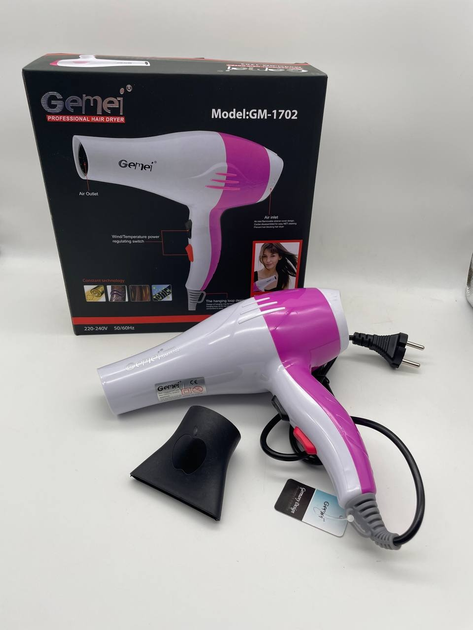 Фен для волос Gemei 1702GM с концентратором, 2 скорости, холодный обдув, компактный и мощный 1300Вт Бело-Розовый - изображение 8