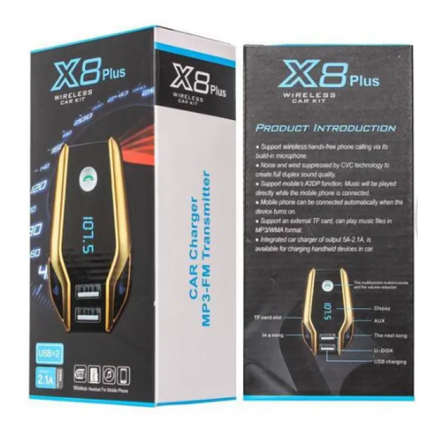 FM модулятор X8 Plus Bluetooth, 2 USB, AUX, MicroSD, зарядка, громкая связь, синий - изображение 2