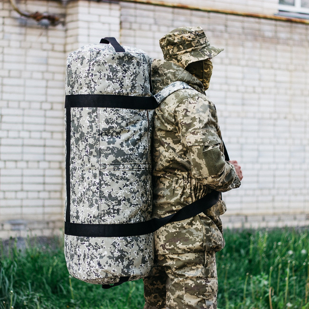 Сумка-баул-рюкзак, баул армійський Оксфорд тактична на 100 л Піксель із клапаном - зображення 2