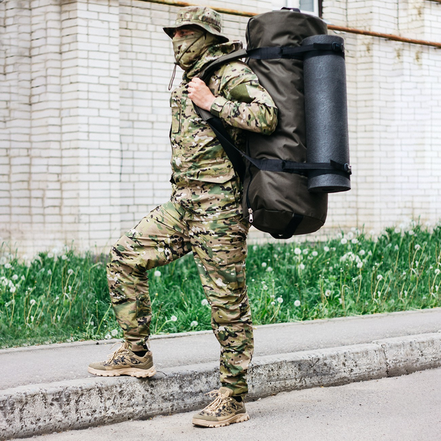 Баул-сумка-военная, баул армейский Оксфорд 100 л тактический баул, тактический баул-рюкзак, хаки с креплением для каремата и саперной лопаты. - изображение 1