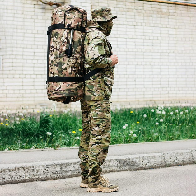 Сумка-баул-рюкзак, армійський баул Cordura 100 л тактичний баул, мультикам з кріпленням для каремату та саперної лопати. - зображення 2