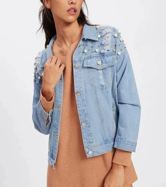 Куртка жіноча джинсова з декором із бусин Pearl Berni Fashion (One Size) Блакитний (55385) 