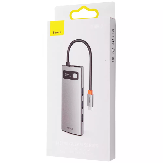 HUB адаптер BASEUS Type-C Metal Gleam Series 5-in-1 Multifunctional Docking Station 3xUSB/HDMI/Type-C 100W PD CAHUB-CX0G серый - изображение 3