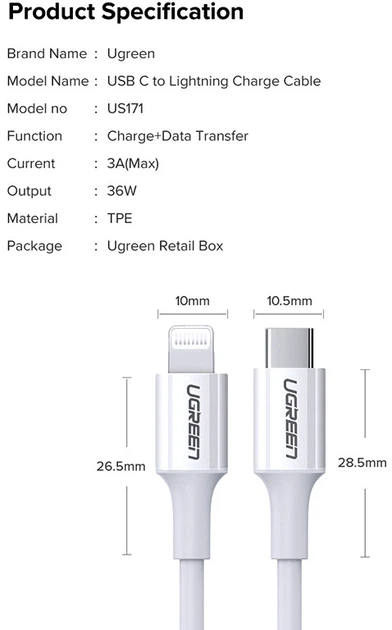 Kabel Ugreen US171 USB 2.0 Type-C M-Lightning m 3 A Nickel Plating ABS Shell 1.5 m White (6957303867486) - obraz 7