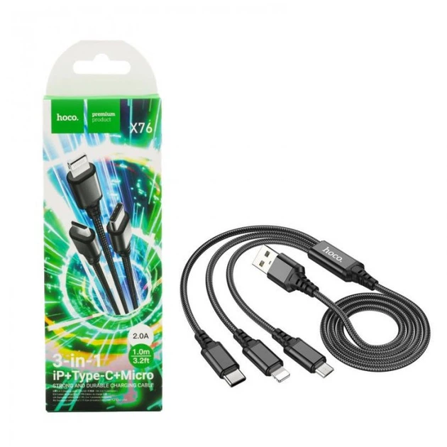 Кабель Hoco X76 3в1 USB to Type-C/ Lightning/ MicroUSB 1m черный - Фото 4 Кабель Hoco X76 3в1 USB to Type-C/ Lightning/ MicroUSB 1m черный - изображение 4