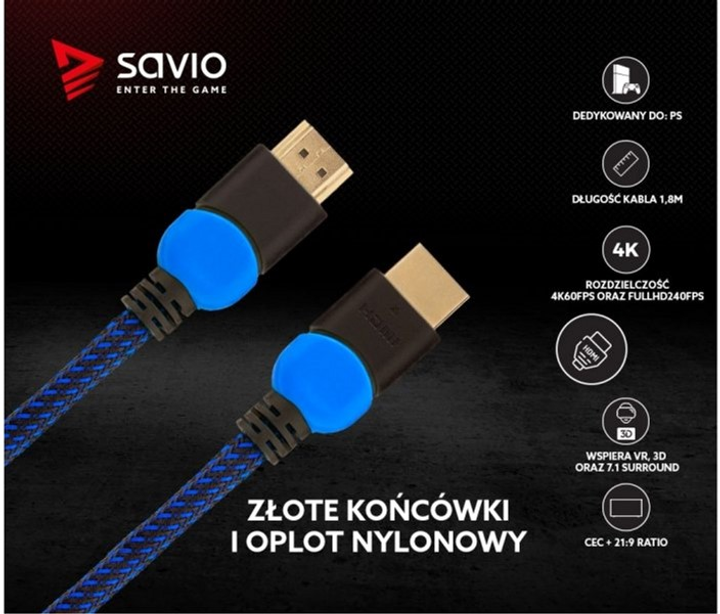 Kabel Savio GCL-02 HDMI v2.0, 1.8 m Niebieski - obraz 8