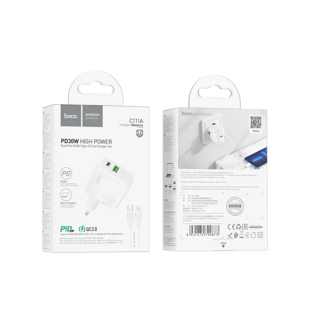 Мережевий зарядний пристрій HOCO C111A Lucky dual-port PD30W+QC3.0 charger set(C to iP) White (6931474790873) - изображение 2
