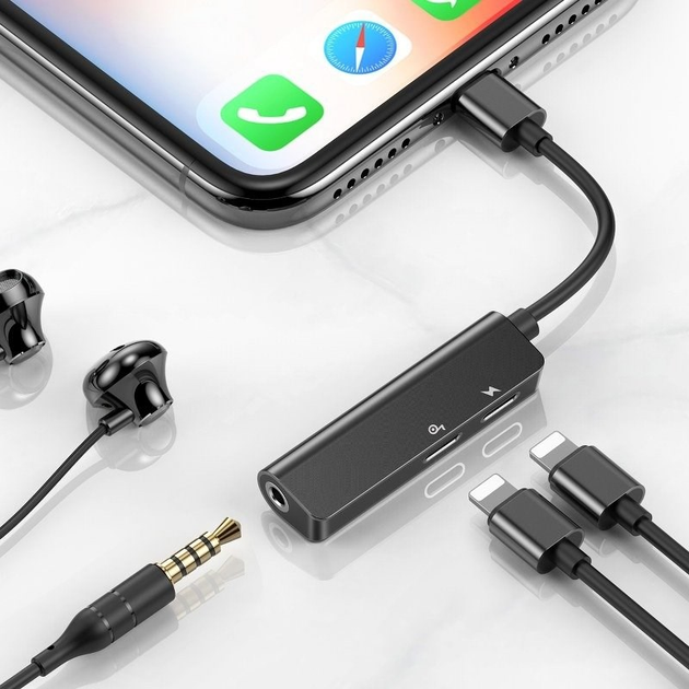 Adapter Baseus L52 3w1 Lightning na 3,5mm + 2 x Lightning (CALL52-01) Czarny - obraz 3