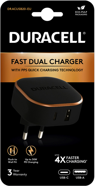 Зарядное устройство Duracell | PD30W+PPS18W | USB-A, TYPE-C | Black ...
