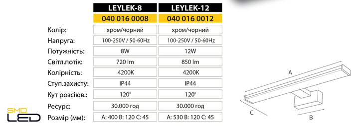 Светильник настенный подсветка зеркал-картин LED HOROZ ELECTRIC "LEYLEK-8" 8W 4200K цвет хром - Фото 2 Светильник настенный подсветка зеркал-картин LED HOROZ ELECTRIC "LEYLEK-8" 8W 4200K цвет хром - изображение 2