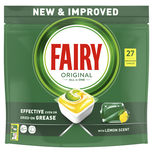 Таблетки для посудомоечных машин Fairy Original All in One Lemon 27 шт - Фото 1 Таблетки для посудомоечных машин Fairy Original All in One Lemon 27 шт - изображение 1