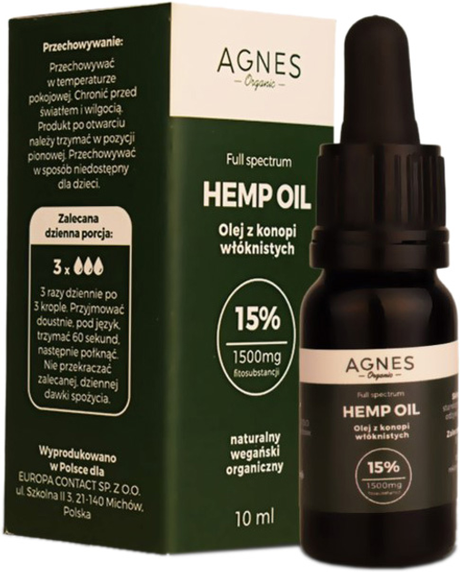 Agnes Organic Hemp Oil 15% 1500mg 10 ml (5904365038034) - obraz 1