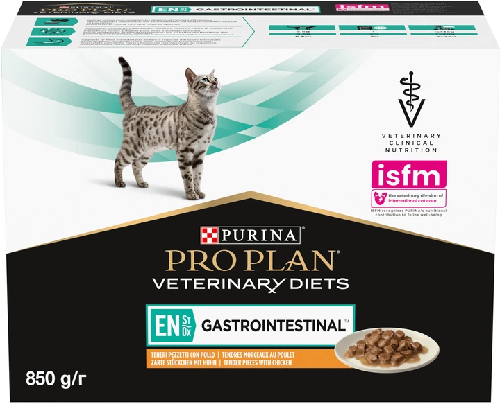 Opakowanie mokrej karmy dla kotów Purina Pro Plan Veterinary Diets EN Gastrointestinal z kurczakiem 10 x 85 g (8445290093561) - obraz 4