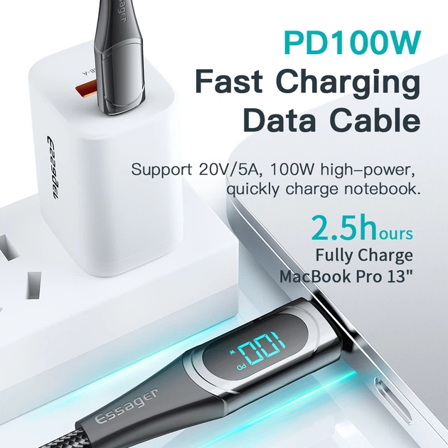 Кабель Essager LED Digital Display USB Type C x USB Type C 100 Вт 1 м Черный (ES-XCTT1-YD01) - изображение 4