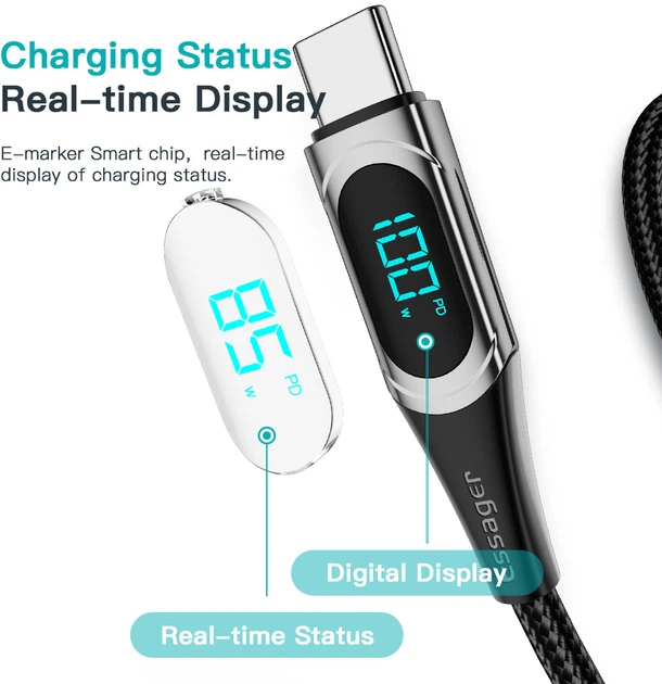 Кабель Essager LED Digital Display USB Type C x USB Type C 100 Вт 1 м Черный (ES-XCTT1-YD01) - изображение 7