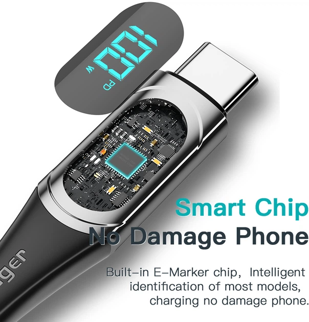 Кабель Essager LED Digital Display USB Type C x USB Type C 100 Вт 1 м Черный (ES-XCTT1-YD01) - изображение 9